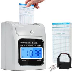 Employee Time Clocks for Small Business, Auto-Align Time Clock Punch Machine with 50-Piece Time Cards, Two Security Keys, and One Ink Ribbon Cartridge Employee Time Clocks for Small Business, Auto-Align Time Clock Punch Machine with 50-Piece Time Cards, Two Security Keys, and One Ink Ribbon Cartridge