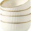 Cereal Bowl Set of 4, Ceramic Cereal Bowls for Kitchen, 6 Inch Deep Soup Bowls Set, White Bowl Set with Gold Trim, Serving Bowls Set for Salad, Pasta, Oatmeal, Fruits, Decorative Bowls(28oz)