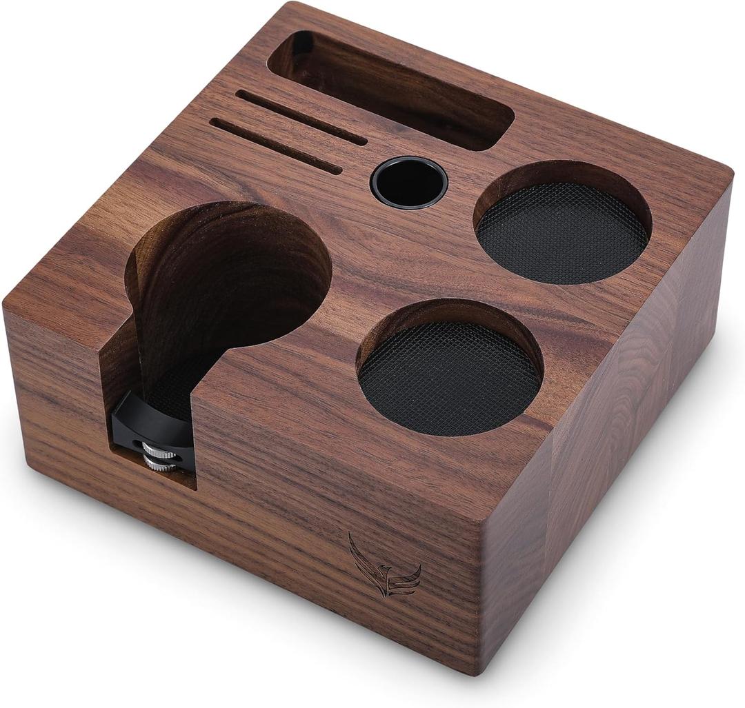 58mm Espresso Tamper Station V3 Walnut Portafilter Holder Compact Espresso Organizer with Multi Accessory Storage Espresso Machine Accessories for Coffee Bar