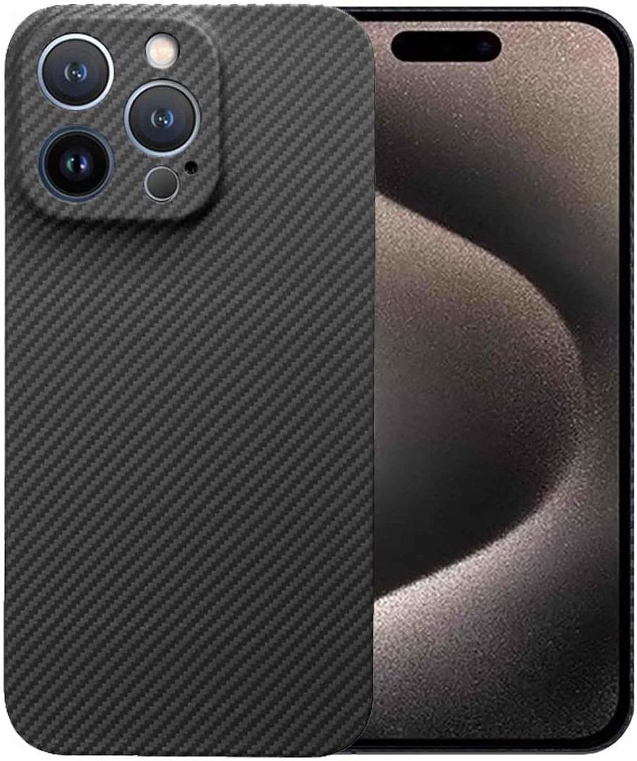 Aramid Fiber Case for iPhone 15 Pro with Carbon Fiber Texture (Black 600D, More Refined), Super Slim Light Protective Cover Skin, Soft Touch Sturdy Durable Snap-on Back Cover