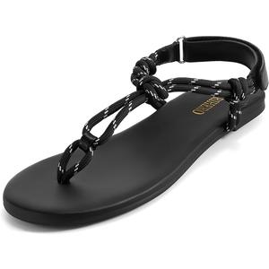 Rihero Rope Thong Sandals for Women Ankle Strap Slip On Comfortable Beach Flat Sandals (Black)