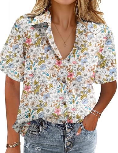 HOTOUCH Women Plus Size Short Sleeve Blouse Floral Linen Button Up Shirt Casual Button Down Shirt Cotton Tops Loose Fit, XXL
