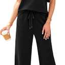WIHOLL 2 Piece Sets for Women Casual Summer Travel Vacation Outfits Short Sleeve Wide Leg Crop Pants Lounge Sets (Black, XXL)