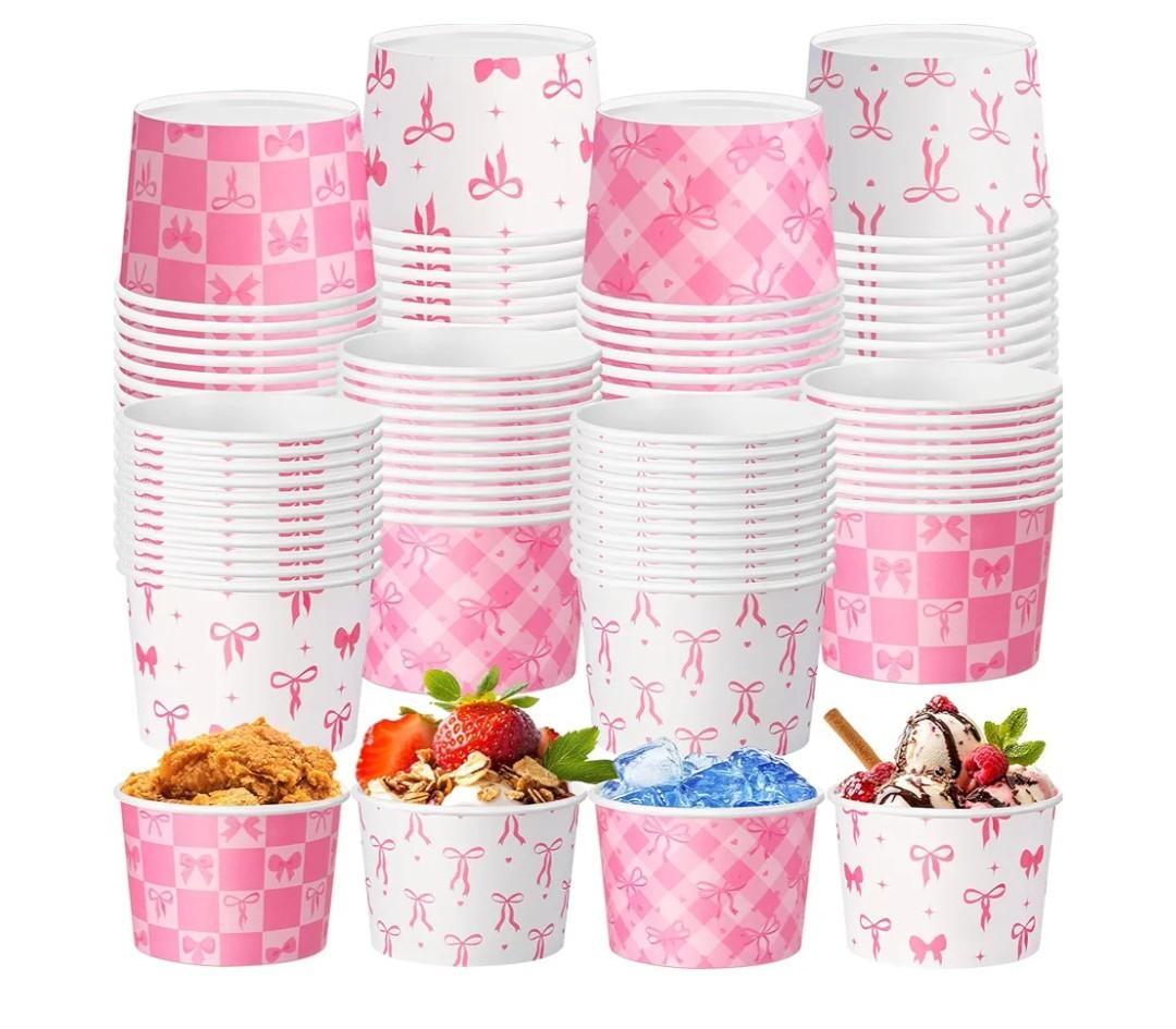 48 Pcs Pink Bow Snack Cups 9oz Coquette Bowknot Disposable Bowls Dessert Food Treat Paper Bowls for Mothers Day Baby Shower Birthday Bachelorette Wedding Bridal Party Supplies