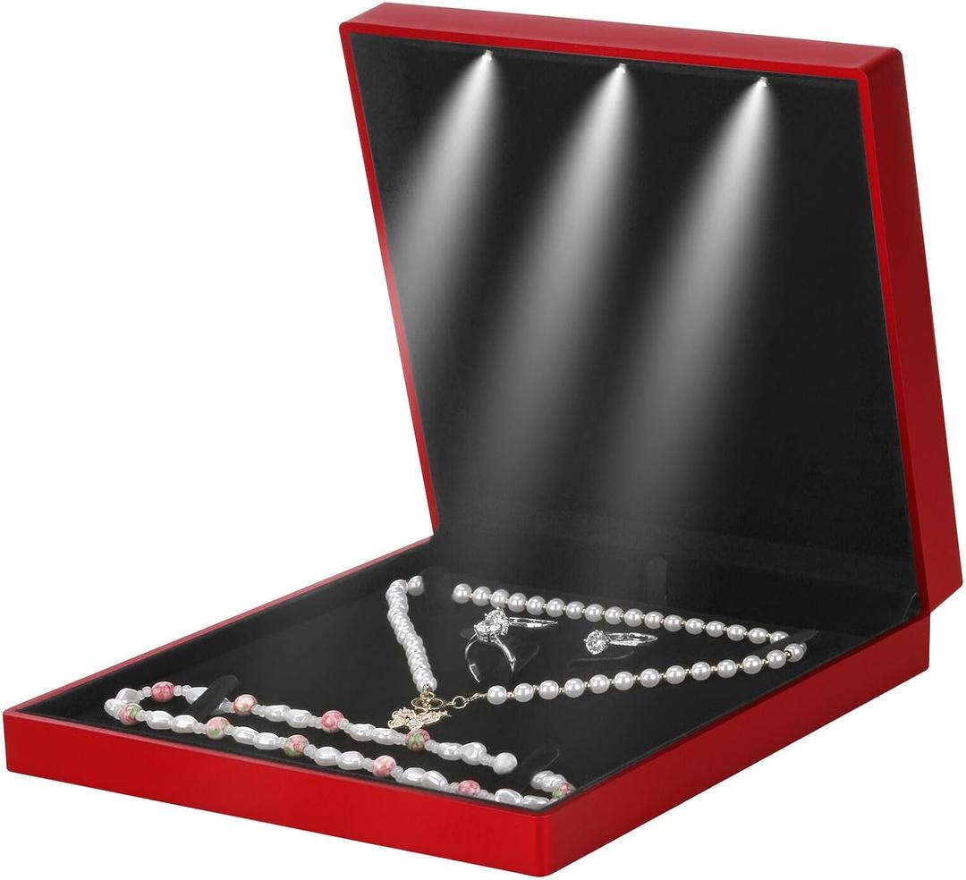 Large Velvet Jewelry Set Gift Box, Necklace Box With LED Light, Elegant Velvet Gift Box For Bracelet Necklace Earring Ring (Red)