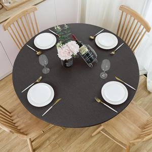 NLMUVW Round Fitted Vinyl Tablecloth with Elastic Edge 100% Waterproof Oil Proof PVC Table Cloth Wipe Clean Table Cover for Indoor and Outdoor, Black, 40"- 44"