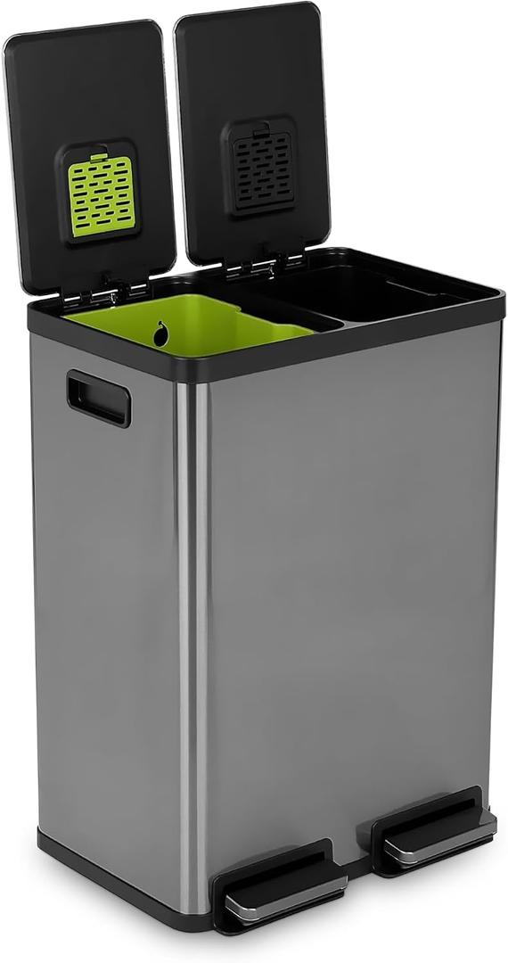 Simpli-Magic 16 Gallon (60L) Elegant Black Step Trash Can Dual Compartment Kitchen Garbage Can with Waste & Recycling Bins Slow-Close Lid, Odor Control, Hands-Free, Premium Stainless Steel