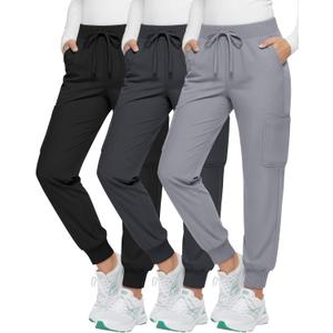 3 Pack Womens Scrub Pants Cargo Jogger Bottoms with Pockets Elastic Drawstring Waistband Soft Stretch Yoga Pants (X-Large, Black, Light Gray, Dark Gray)