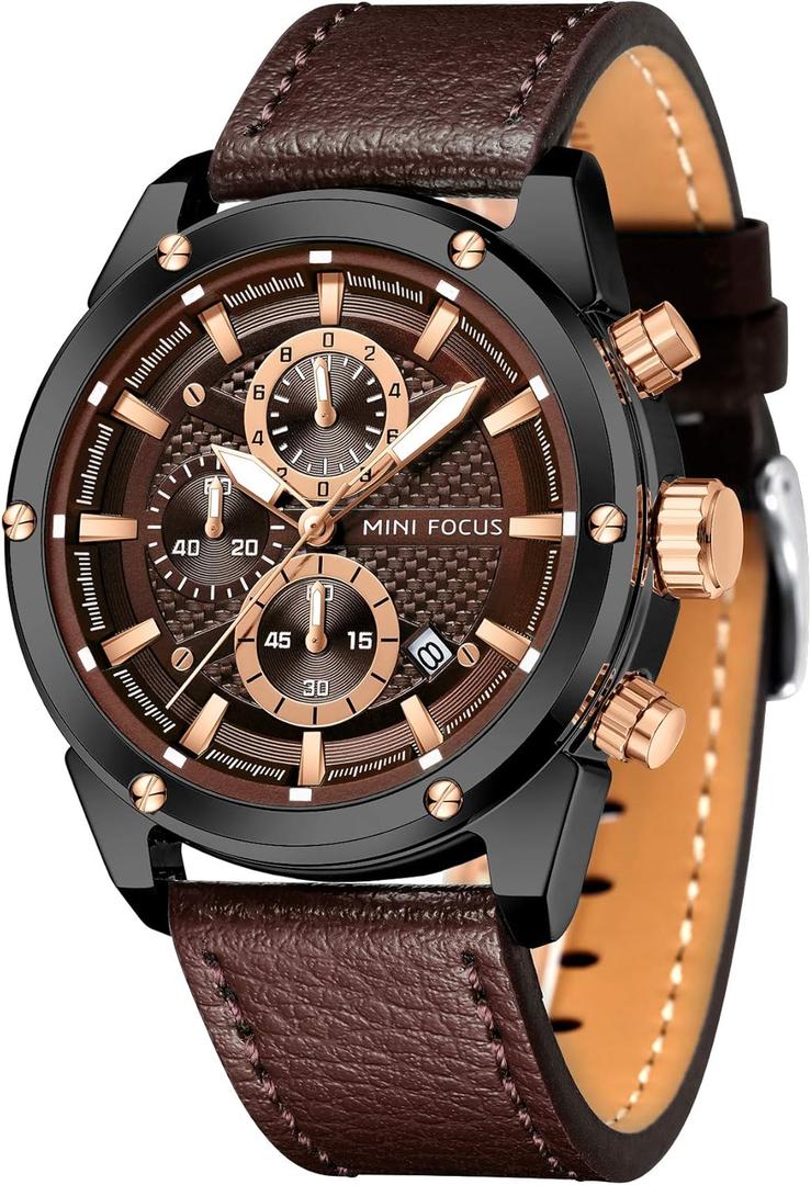MF MINI FOCUS Men Watches Business Casual Wrist Watches (Multifunction/Waterproof/Luminous/Calendar) Genuine Leather Band Fashion Watch for Men (Brown)