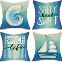 Fahrendom Summer Coastal Conch Decorative Throw Pillow Covers 18 x 18 Set of 4, Beach Life Salty But Sweet Porch Outdoor Pillowcase, Blue Nautical Sailboat Spring Seasonal Cushion Case Home Decor