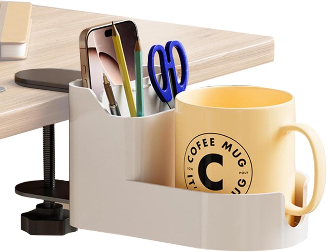 Desk Side Storage Organizer No Drill Clamp-On Laptop Holder with Pen Holder, Under Desk Storage Shelf for Home Office, Fits Flat Edge Tables 0.3"2.8", Desktop Shelf & Workspace Organizer