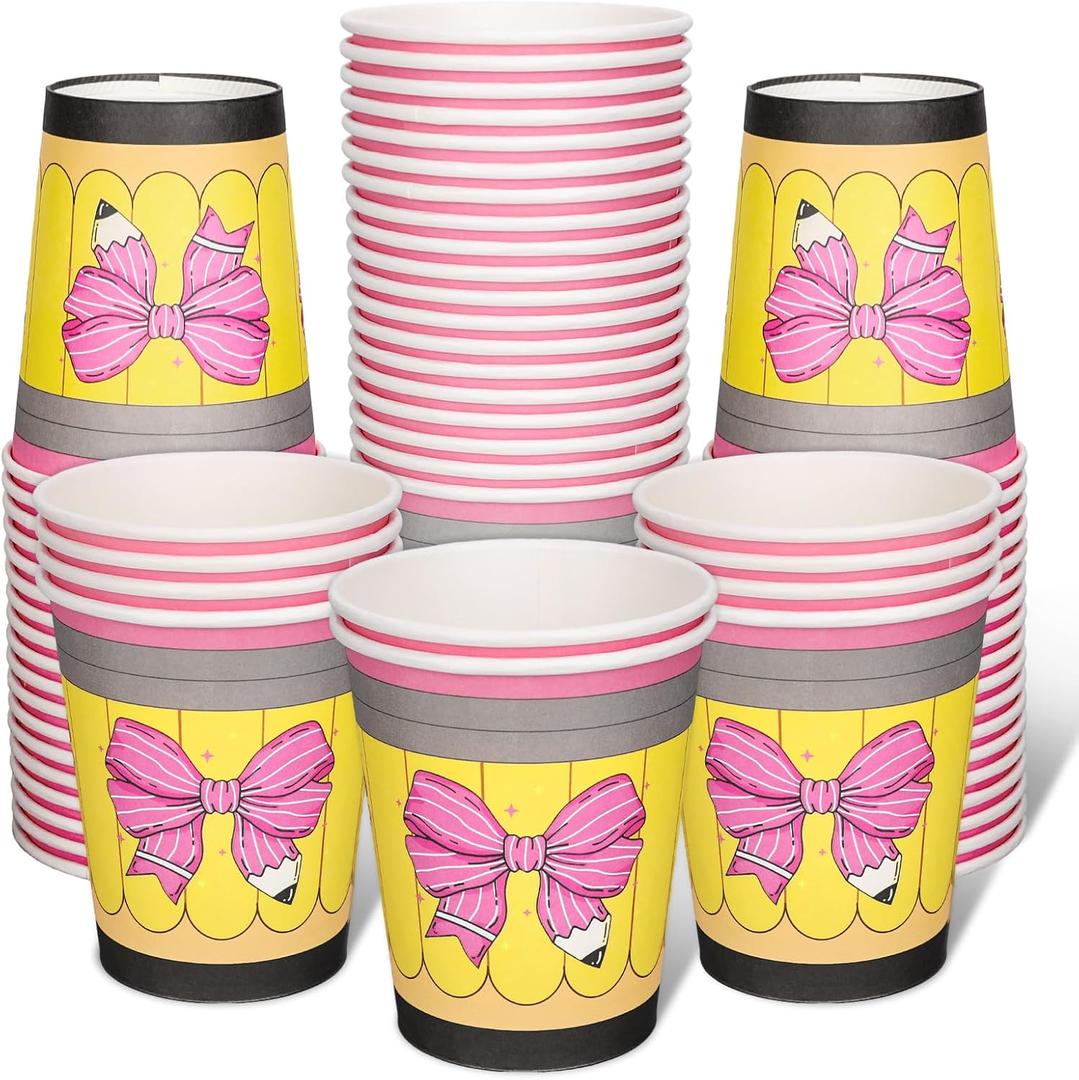100 Pcs Back to School Paper Cups Pink Bow Pencil Disposable Cups 9 oz Cartoon Party Drinkware for Hot Cold Drinks Birthday Graduation First Day of School Table Supplies
