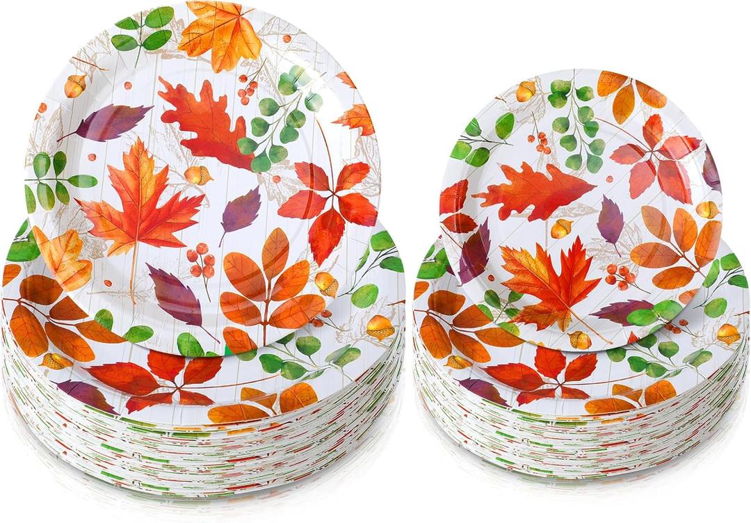 Yungyan 50 Pcs Thanksgiving Paper Plates Disposable Fall Autumn Plates Party Supplies 9 Inch 7 Inch Maple Leaf Dinner Dessert Tableware for Thanksgiving Fall Harvest Party Decorations