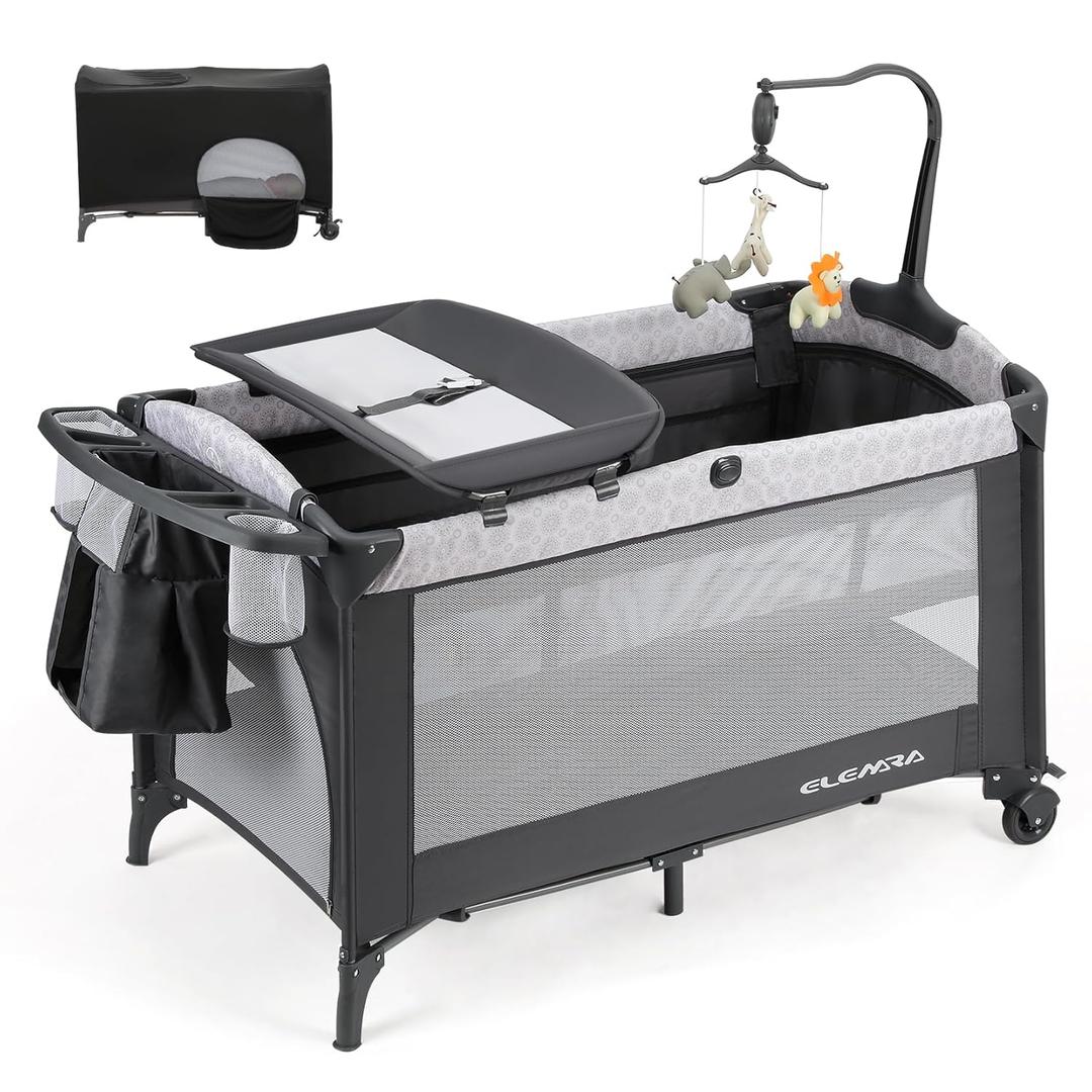ELEMARA 50" Babies Bassinet Bedside Crib with Diaper Changer，Pack and Play with Mattress and Blackout Cover for Baby，4 in 1 Playpen Travel Bed with Storage,Playard with Adjustable Height