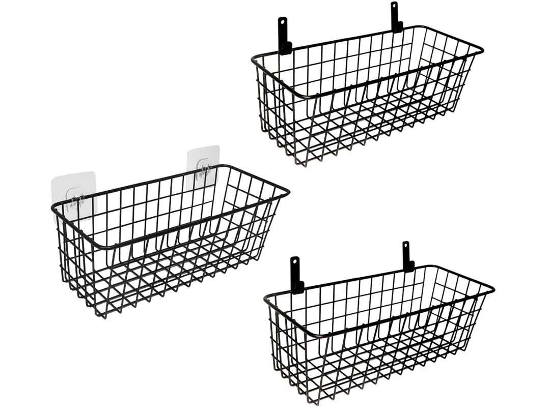 3 Set Hanging Wire Baskets ,Wall Mount Fruit Basket,No Drilling,Adhesive Small Metal Basket,Farmhouse Food Storage Mesh Bin Kitchen Pantry Laundry Bathroom Closet Garage RV ,Black