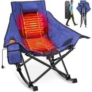 Suteck Heated Rocking Camping Chair, Fully Thicker Padded Heated Camping Chairs for Outdoor Sports W/3 Heat Levels for Back & Seat, Heated Rocking Chair for Adults with Carry Bag, Battery NOT Included (Deep Blue)