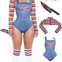 5 SizesHalloween Chucky Costume for Women Wanna Play Bolero Top Overall Bodysuit Knee-high Socks Scar Tattoos Prop Knife