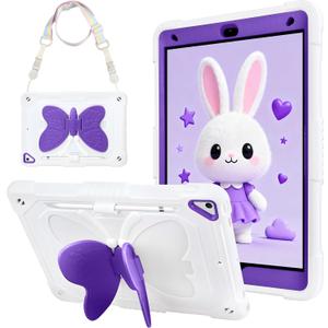 WESADN for iPad 9th Generation Case 8th 7th Gen 10.2 inch 2021 with Kickstand Butterfly Wings Lanyard Carrying Strap Rugged Cases Pencil Holder Girls Kids Cover for iPad 10.2 Case, White Purple