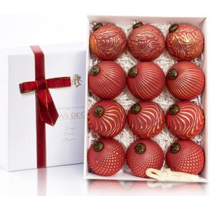 12PCS Red Christmas Ball Ornaments, Rustic Christmas Tree Decorations, 3.15" Vintage Farmhouse Hanging Ornaments for Christmas, Parties, Weddings and Home Decor (Red)