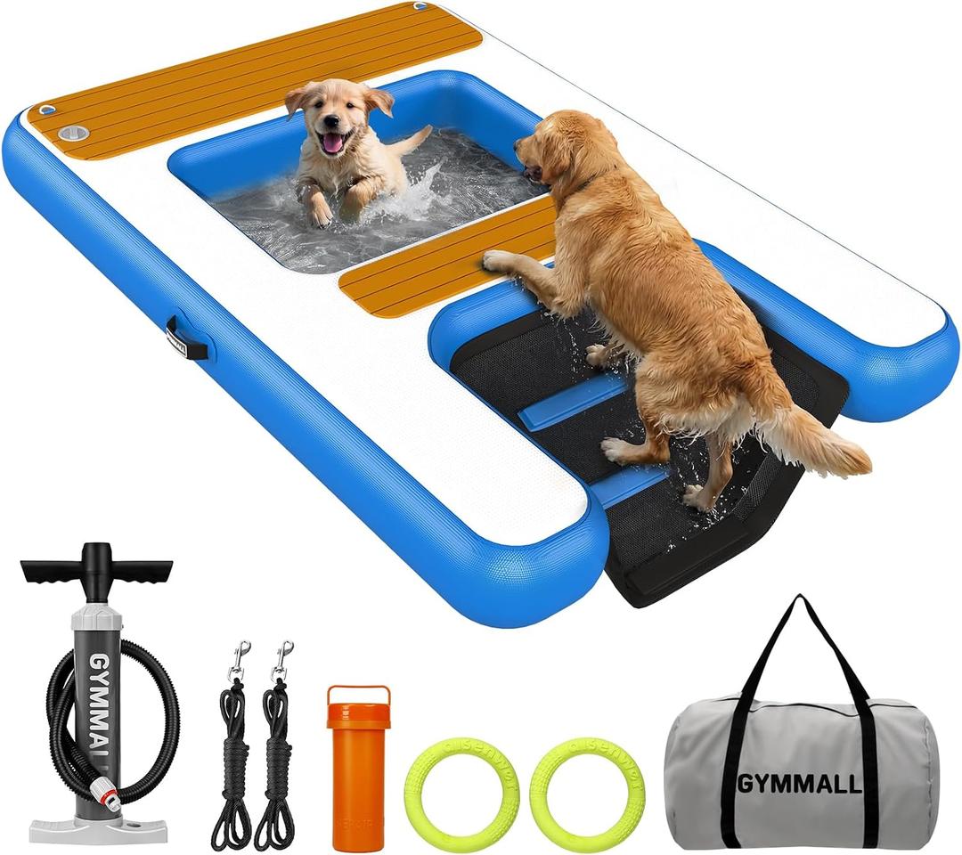 Large Dog Dock Ramp with Water Hammock 5.6 * 4ft, Inflatable Dog Water Ramp Platform 6 inch Thickened for Boat Pool Lake Sea, PVC Floating Boat Ramp for Dogs up to 330lbs, Dog Boat Ramp Blue