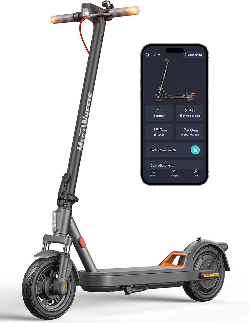 MEGAWHEELS Electric Scooter, Electric Scooter Adults with Suspension, 10in Pneumatic Tires, 350W Motor, 19 Miles Long Range, 15.5 Mph, E Scooter with Smart APP Control for Commuting, Outdoor, Short Travel