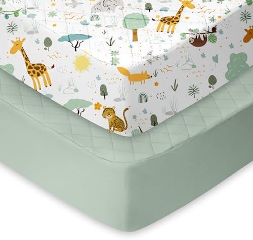 TotChill Light Quilted Crib Sheets 2 Pack, Soft Fitted Sheets for Standard Crib and Toddler Mattresses, Safari Animal