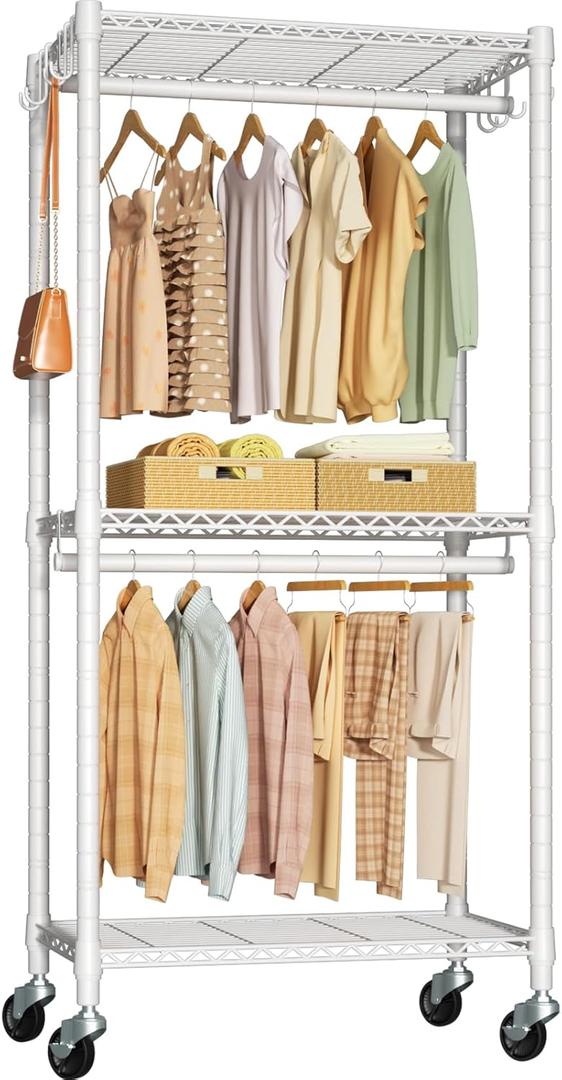 FUTASSI P3 Mini Rolling Clothes Rack, Clothing Racks for Hanging Clothes, Heavy Duty Garment Rack, Freestanding Portable Closet Rack 23.6'' W x 14'' D x 78.5'' H, Max Load 430 Lbs, White