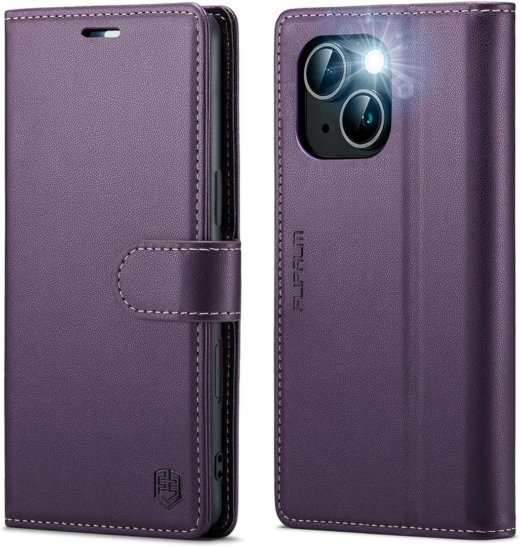 FLIPALM Wallet Case for iPhone 15 Series, RFID Blocking Credit Card Holder, PU Leather Folio Flip Kickstand Protective Shockproof Cover for Apple 15 Series (Purple, iPhone 15-6.1")