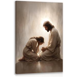 FASWQ Framed Jesus and Woman Wall Art, Christian Repentance and Forgiveness Canvas Painting, Sacred Heart Biblical Wall Decor, Christ Religious Poster Print for Church LDS Home Living Room 12"x16"