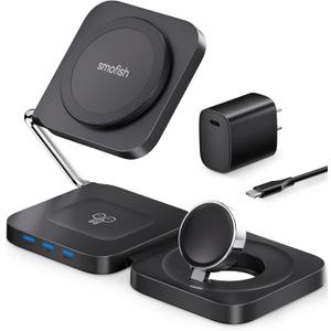 3-in-1 Wireless Charging Station for iPhone 16 15 14 13 12, Airpods, Apple Watch, Travel Charger Station for Multiple Devices, Best Travel Gifts for Men Who Have Everything Black