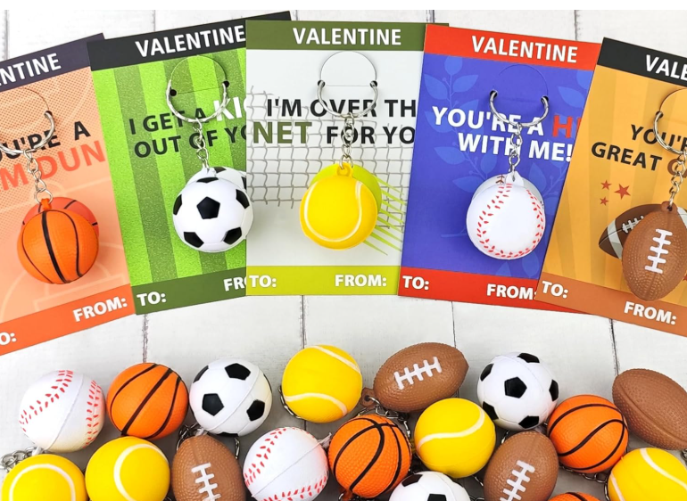 Valentines Day Cards Gifts for Kids Classroom 28 Pack, Mini Foam Sports Ball Keychains with Exchange Cards for Boys Girls, Goodie Bag Stuffers Party Favors School Class Prizes Treats Toys for Toddlers