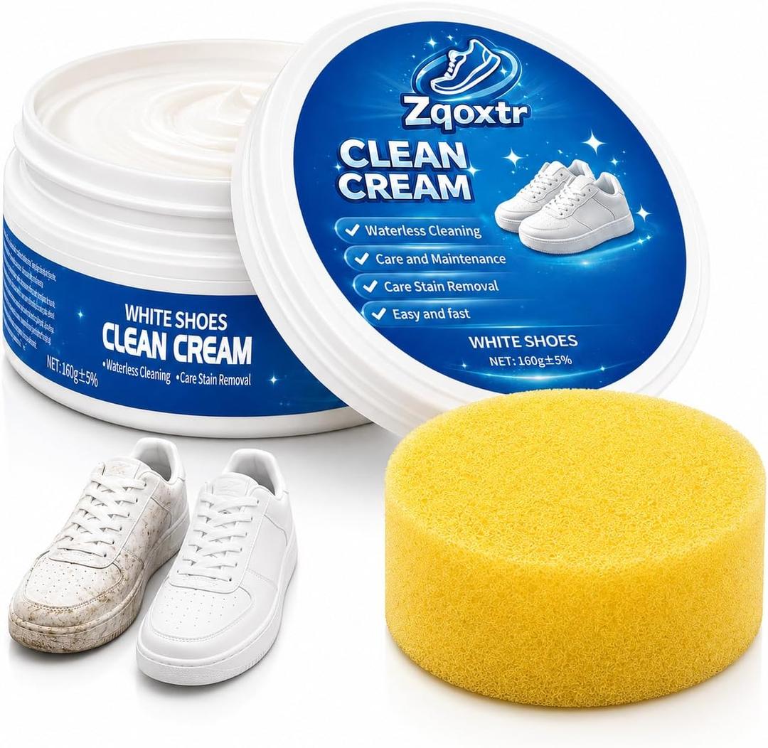 White Shoe Cleaner Cream, No Rinse Sneaker Cleaning Paste with Sponge for White Shoes, Leather, Canvas, Rubber Soles