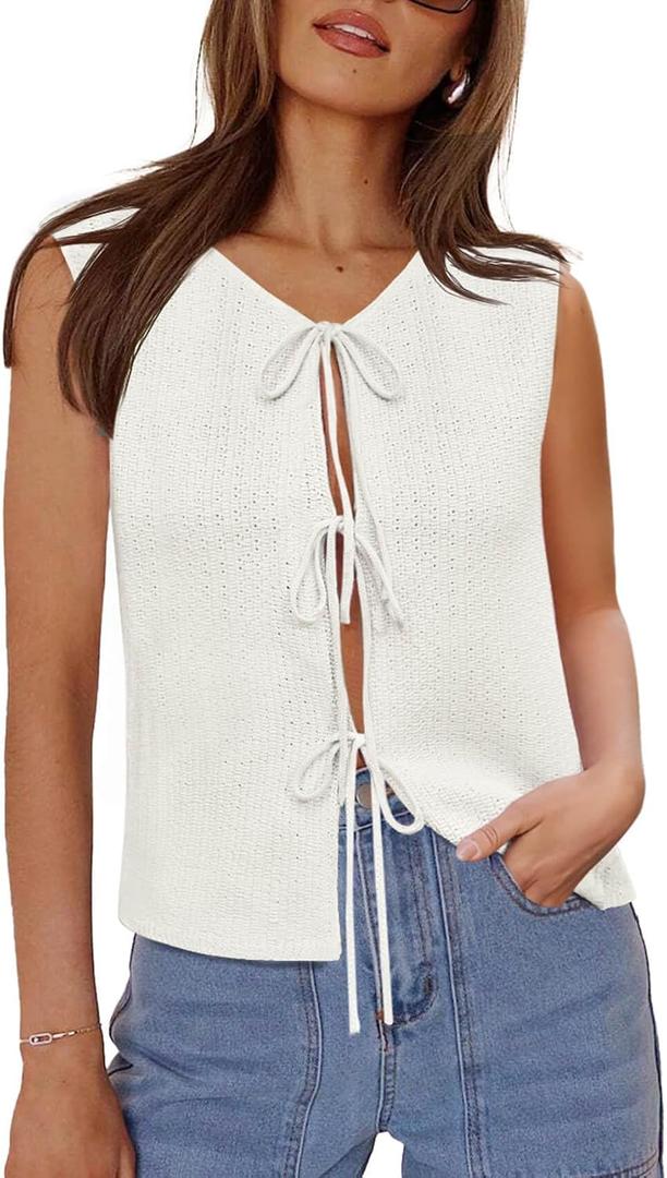 Yousify Womens Tie Front Sweater Vest 2025 Sleeveless Crochet Knit Summer Y2K Going Out Tops