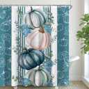 Blue Teal White Fall Pumpkin Shower Curtain Sets for Bathroom 60Wx72H Eucalyptus Leaves Shower Curtain Thanksgiving Autumn Bathtub Curtain Flower Holiday Flower Floral Boho Bathroom Decor