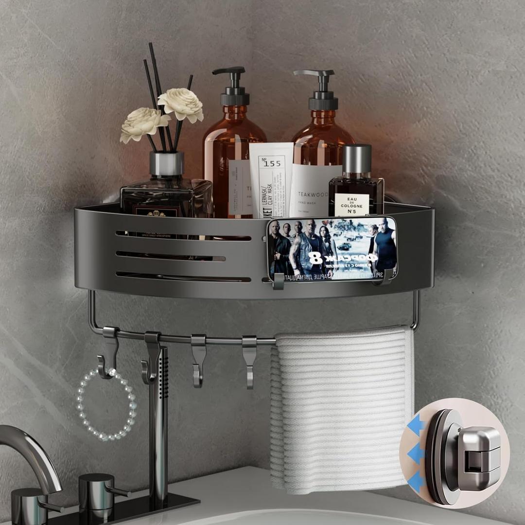 Voldra Corner Shower Caddy Suction Cup, 1 Pack Corner Shower Shelves No Drilling, Aluminum Upgrade Suction Cup Shower Organizer Corner with Towel Bar & Hooks Removable Bathroom Storage Rack(Gray)