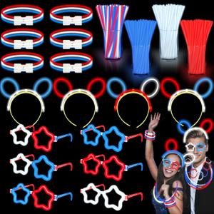 180 Pcs 250th Anniversary 4th of July Light Up Party Favors,12 Red White Blue Star Glasses 6 Headbands 12 Bracelets 150 Patriotic Glow Sticks Bulk with Connectors Glow in the Dark Party Supplies