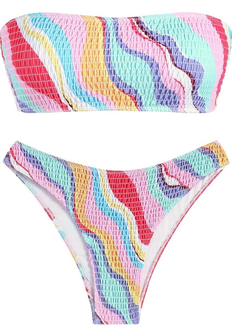 ZAFUL Women Strapless High Cut Bandeau Bikini Lace Up 2 Pieces Swimwear, Pink, S