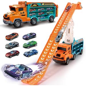 Toddler Car Truck Toys,Car Carrier Truck Toy for Kids Age 3-5 4-8,Foldable Car Track Sets with 2.8-Ft Race Track and 6 Die-Cast Race Cars, Truck Toys Gifts for 3 4 5 6 7 8+ Year Old Boys Girls(orange)