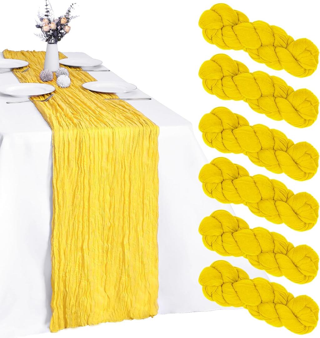 6 Pack Yellow Cheesecloth Table Runner 10FT Boho Gauze Fabric Table Runner 35 x 120 Inch Rustic Sheer Runner forWedding Decor Baby Shower Party Boho Table Decoration(Yellow)