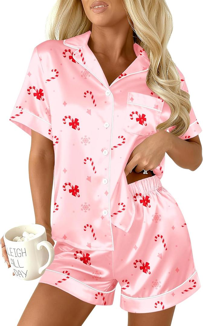 Ekouaer Womens Christmas Pajamas Silk Satin Sleepwear Holiday Matching Pjs Funny Short Sleeve Button Down Nightwear Set S-XXL (Pink, XXXL)