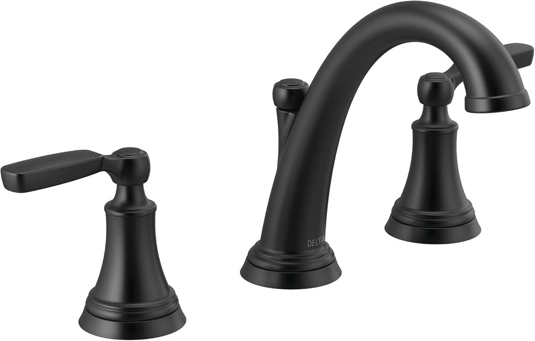 Delta Woodhurst Matte Black Bathroom Faucet 3 Hole, 8 Inch Widespread Bathroom Sink Faucet for Vanity, Metal Push-Pop Drain Assembly, Matte Black 3532LF-BLMPU