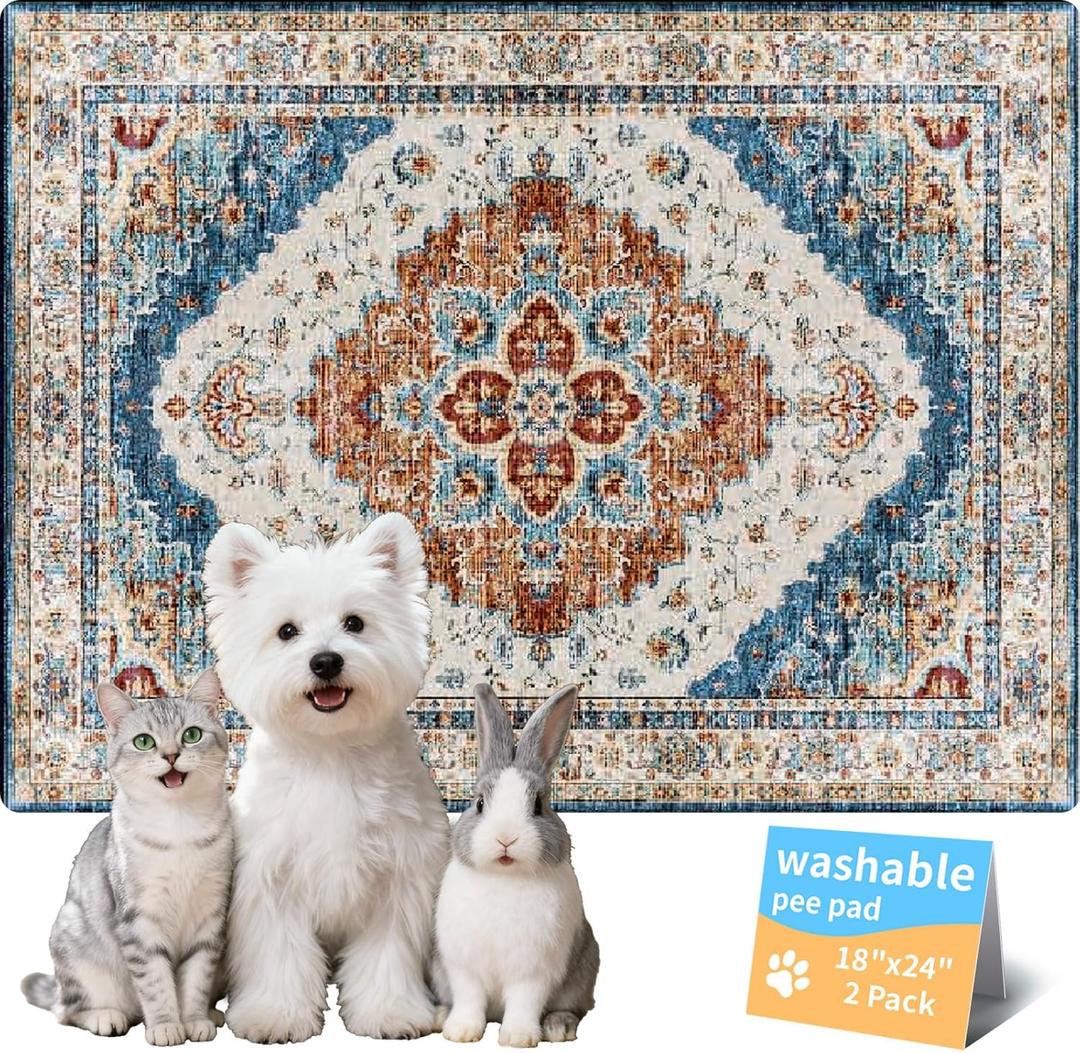 Washable Pee Pads for Dogs, Reusable Puppy Potty Training Pads, Ultra-Absorbent Thick Waterproof Leak-Proof Non-Slip Pads & Mat for Crate, Playpen, Floor, Whelping & Housebreaking , 2 Pack 18"x24" (Brick/Blue)