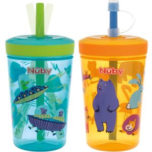 Nuby Thirsty Kids Super Sipper No-Spill Toddler Cup with 360 Silicone Valve & Swivel Straw - (2 Pack) 14 oz - Leak-Resistant with Easy Clean Design - Animals & Space