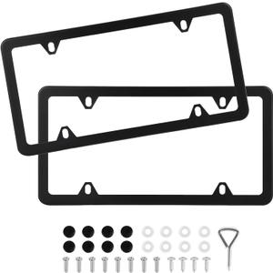 2 x 2 Pack Black License Plate Frames, Stainless Steel License Plate Cover, Matte License Plate Holder Car Accessories with Screw Caps (4 Holes)
