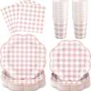 NatNarr 250 Pcs Pink Gingham Plates Set, Scalloped Pink and White Checkered Tableware Set Includes Disposable Plates Napkins and Cups for Wedding Birthday Picnic Baby Bridal Shower