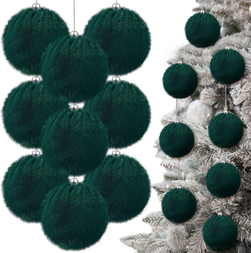 15 Pcs 3.54 in Christmas Dark Green Ball Ornaments for Xmas Tree Large Soft Faux Fur Hanging Pom Pom Furry Ball Ornaments for Vintage Christmas Home Fireplace Mantel Holiday Party Decor