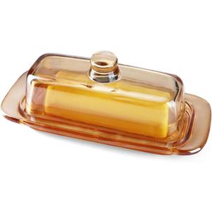 QFkris Champagne Color Glass Butter Dish with Lid, Covered Butter Stick Holder Tray, Crystal Glass Butter Storage Container for Kitchen Countertop