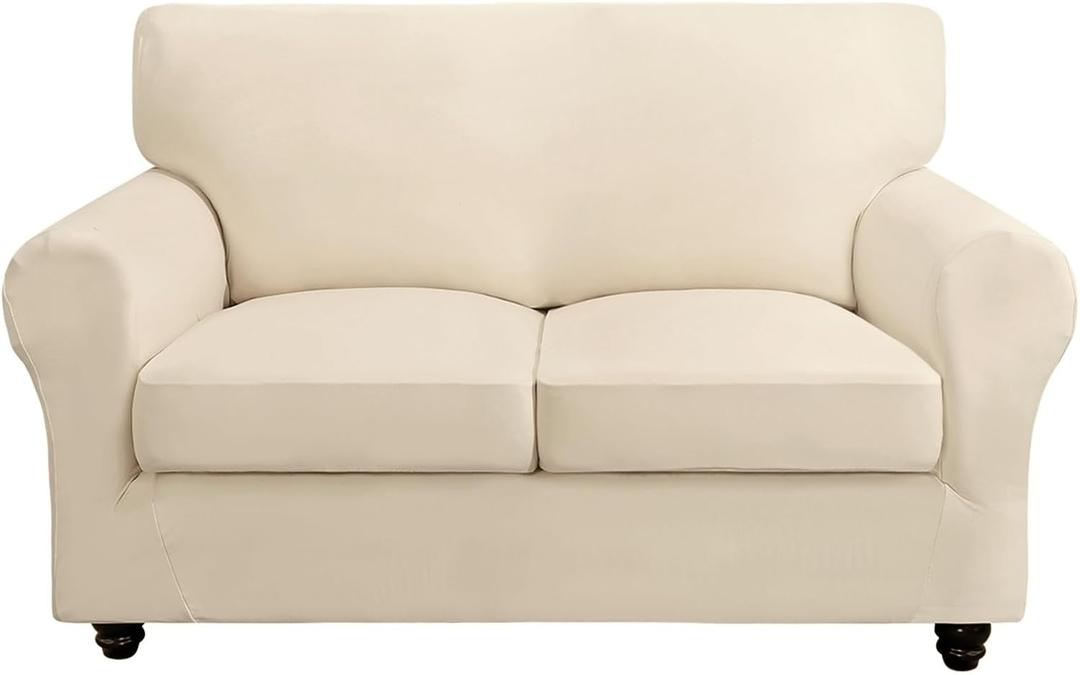 SearchI Stretch Sofa Cover Couch Cover, 3 Pieces Loveseat Slipcover with 2 Separate Cushion Cover, Washable Furniture Protector for Living Room(Loveseat, Beige) (Medium)