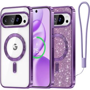 Meifigno Candy Series Case Designed for Google Pixel 10 Pro XL 6.8", [Glitter Card & Wrist Strap] [Compatible with MagSafe] Transparent Back and Electroplated Edges for Pixel 10 Pro XL Case, Purple
