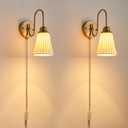 2 Pack Modern Ceramic Gold Plug in Cord Wall Sconce Wall Lighting with Pull Chain Switch, Indoor Wall Lamp Light Fixtures Curve Arm for Living Room Bedroom Bedside Kitchen Home Office